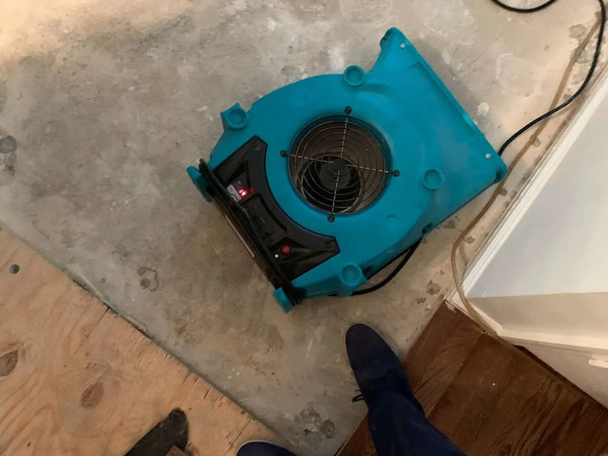 Air mover drying subfloor during Leak Detection & Repair in Tea